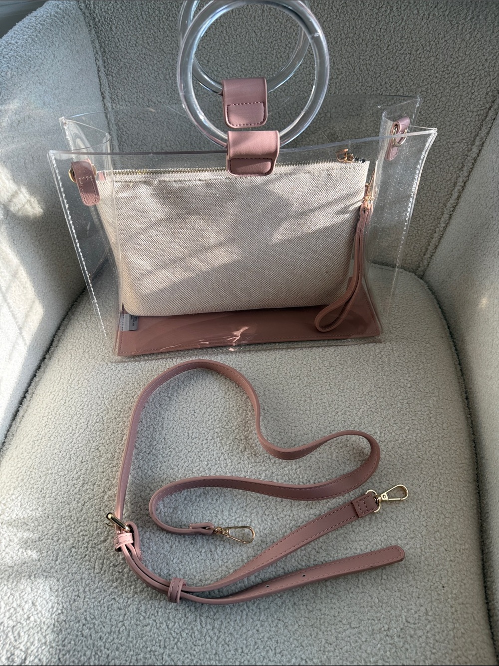Madison West Clear Tote with Pink Trim and Beige Pouch